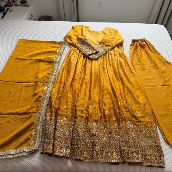 Ethnic Indian Wear Dresses & Skirts - Ethnic Indian Wear Mustard Yellow Long Sleeve Anarkali Dress Set
